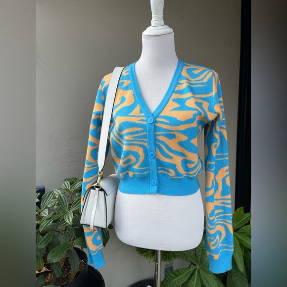 ☘️ NA-KD FAshion Printed Cropped Cardigan In Orange and Blue L - Picture 7 of 11